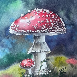 Original Watercolor Fly Agaric Illustration – A5 Size, Moody Red Mushroom Art on 100% Cotton Paper