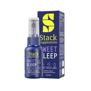 May include: A blue bottle of Stack Supplements Sweet Sleep spray with a honey lemon and chamomile flavour. The bottle is 50 ml or 1.7 fl oz. The bottle is next to a blue box with the same branding and text.