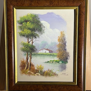 Vintage Lakeside Cabin Oil Painting: Signed &quot;Zdu&quot;, Rustic Woodland Art