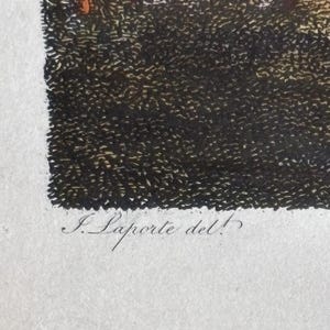 May include: An antique print featuring a detailed landscape scene. The artwork depicts a forest with trees and dense foliage, rendered in a combination of colors. The artist's signature, "J. Laporte del!", is visible at the bottom.