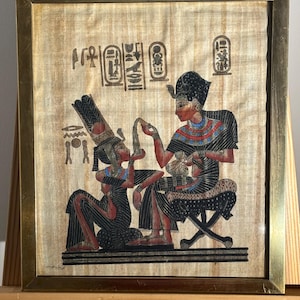 Hand-Painted Egyptian Papyrus | Pharaoh and Queen Scene | Hieroglyph Wall Art | Vintage Gold Frame Décor