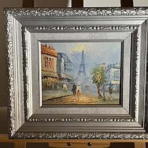 Original Paris Street Scene Oil Painting | Eiffel Tower View | Signed “Burnet” | Vintage Impressionist Canvas in Ornate Silver Frame