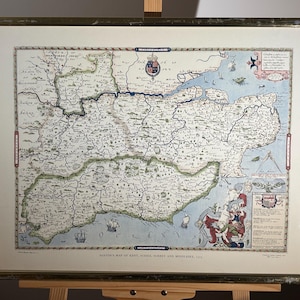Saxton’s 1575 Map of Kent, Sussex, Surrey & Middlesex – Framed British Museum Reproduction (1970 Taylowe Ltd)