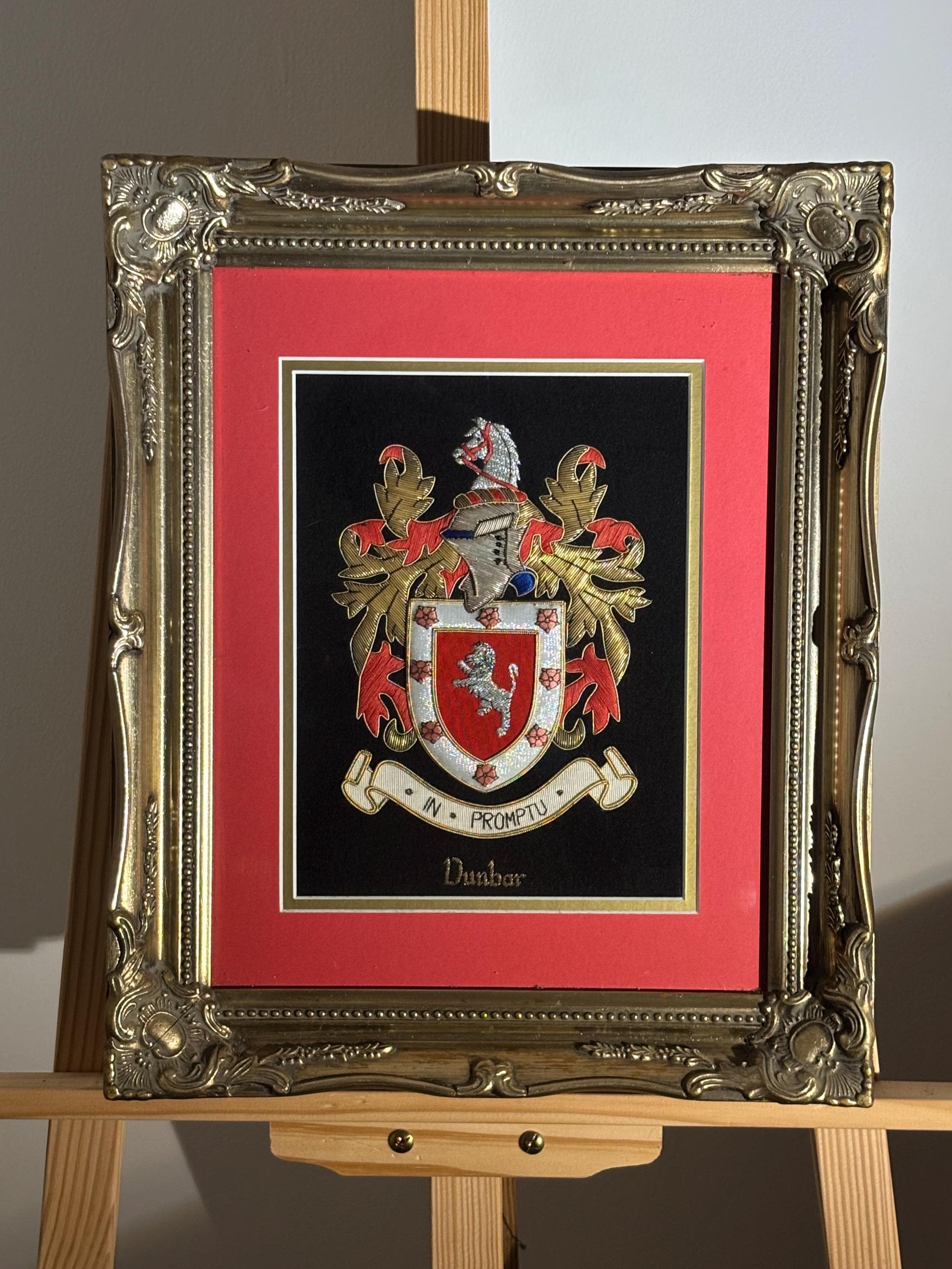 Framed Dunbar Family Crest: Hand-embroidered Scottish Heraldry Art 