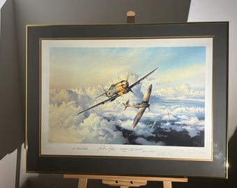 Signed WWII Aviation Print: RAF Spitfires vs Luftwaffe - Robert Taylor, Framed, COA