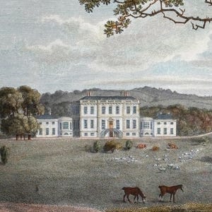 May include: An antique illustration depicts a stately white mansion with multiple windows and a dark roof, set on a grassy hill. The scene includes trees, grazing animals, and a cloudy sky, evoking a sense of history.