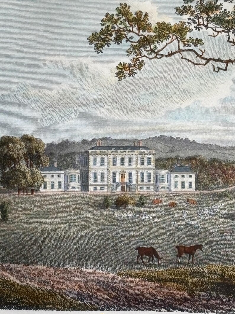 May include: An antique illustration depicts a stately white mansion with multiple windows and a dark roof, set on a grassy hill. The scene includes trees, grazing animals, and a cloudy sky, evoking a sense of history.