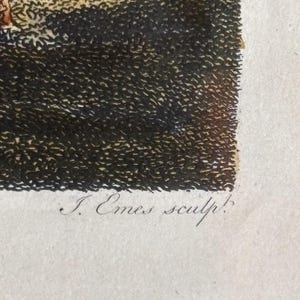 May include: An antique black and white etching with the text "I. Emes sculp!" in cursive. The etching depicts a landscape scene with a building and textured ground.