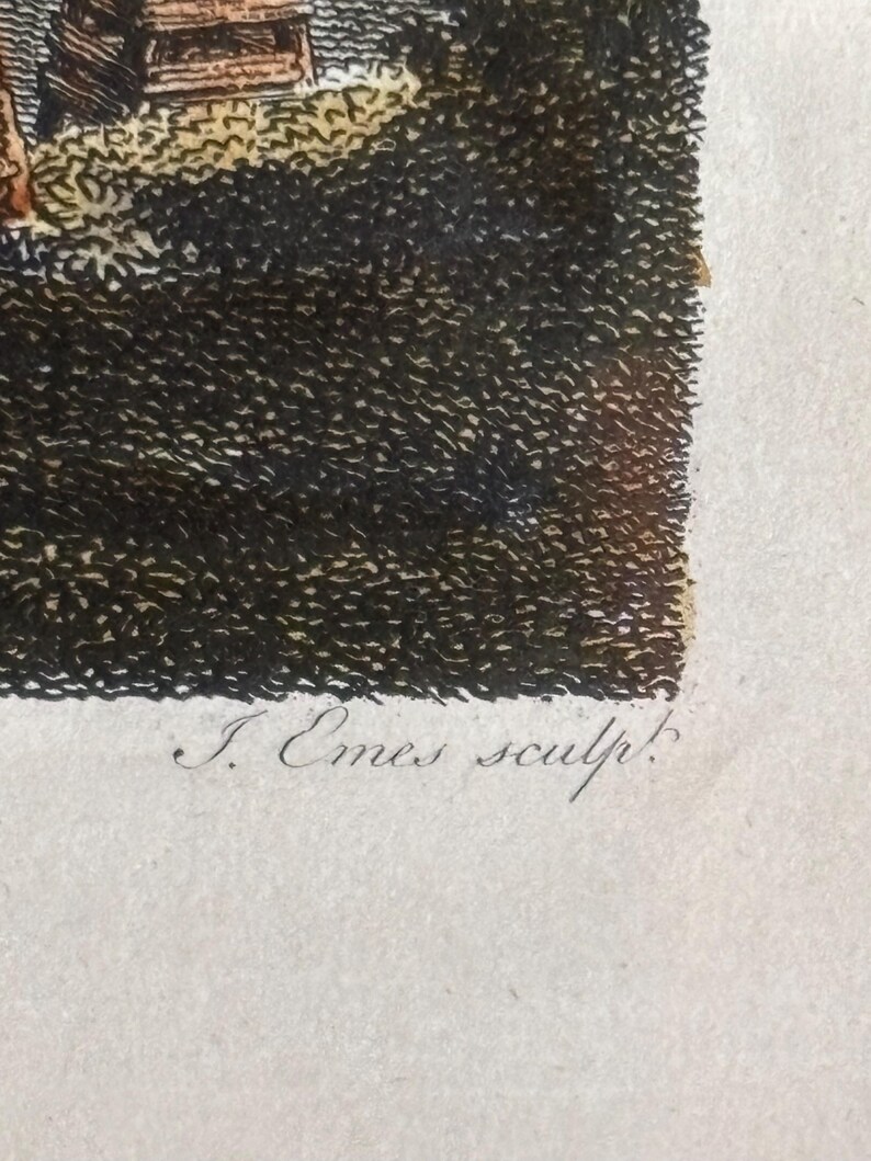 May include: An antique black and white etching with the text "I. Emes sculp!" in cursive. The etching depicts a landscape scene with a building and textured ground.