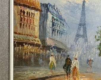 ヴィンテージ パリの街並みの油絵：エッフェル塔、華やかなシルバーの