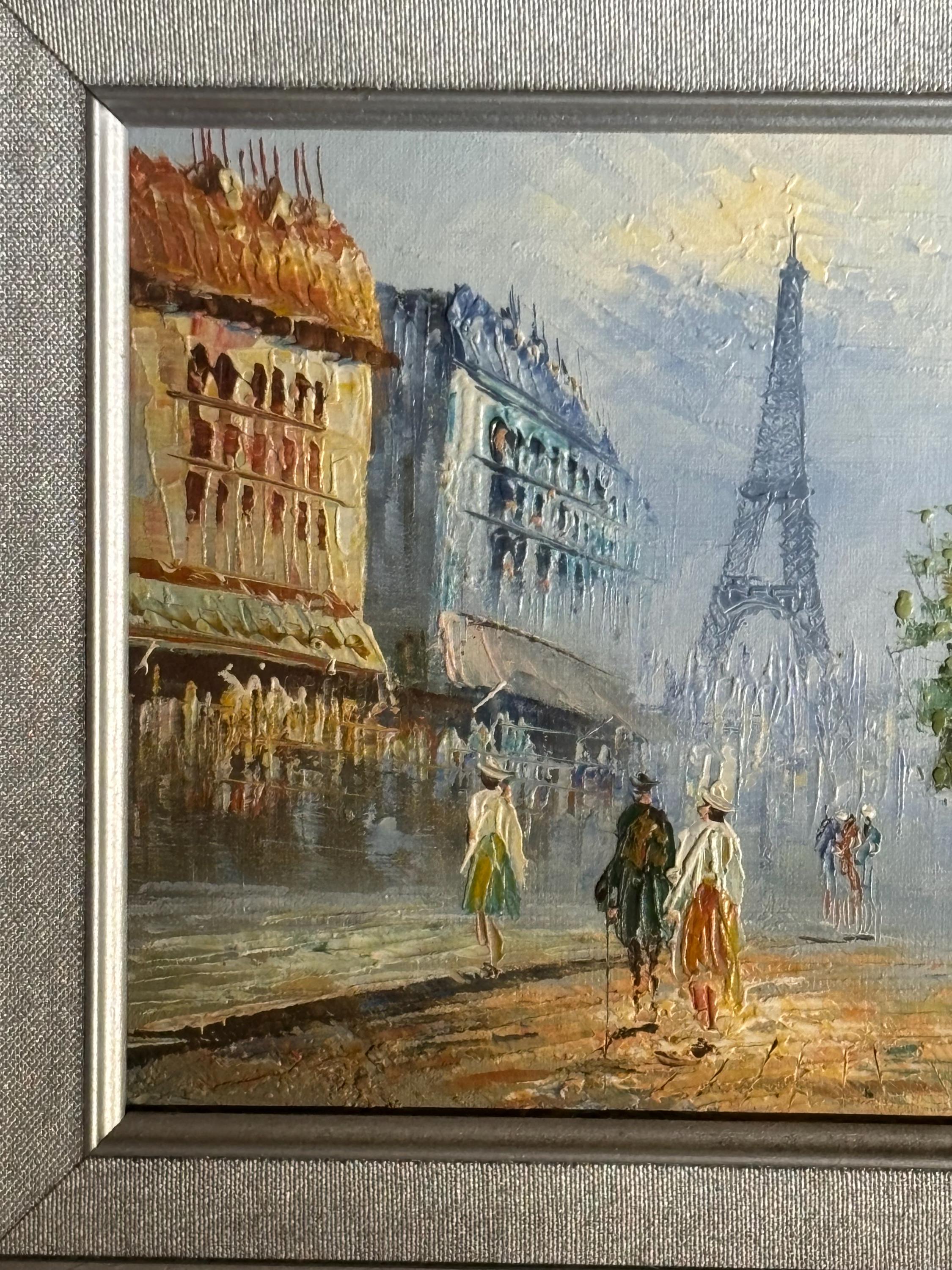 ヴィンテージ パリの街並みの油絵：エッフェル塔、華やかなシルバーの