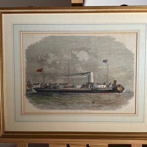 Antique Framed Engraving of HMS Royal Sovereign Turret Ship – 19th Century British Naval Hand-Coloured Print – Maritime Military Art