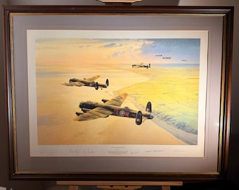 Signierte Robert Taylor Luftfahrt Druck: Lancaster Bombers, Peenemunde Raid