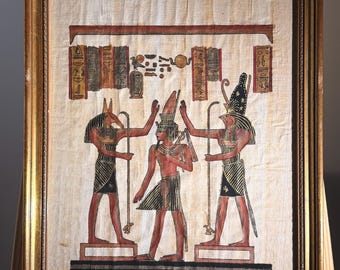 Vintage Egyptian Papyrus Art – Anubis, Horus & Pharaoh, Framed Certificate