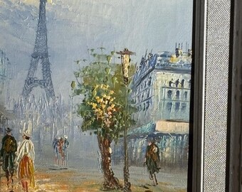ヴィンテージ パリの街並みの油絵：エッフェル塔、華やかなシルバーの