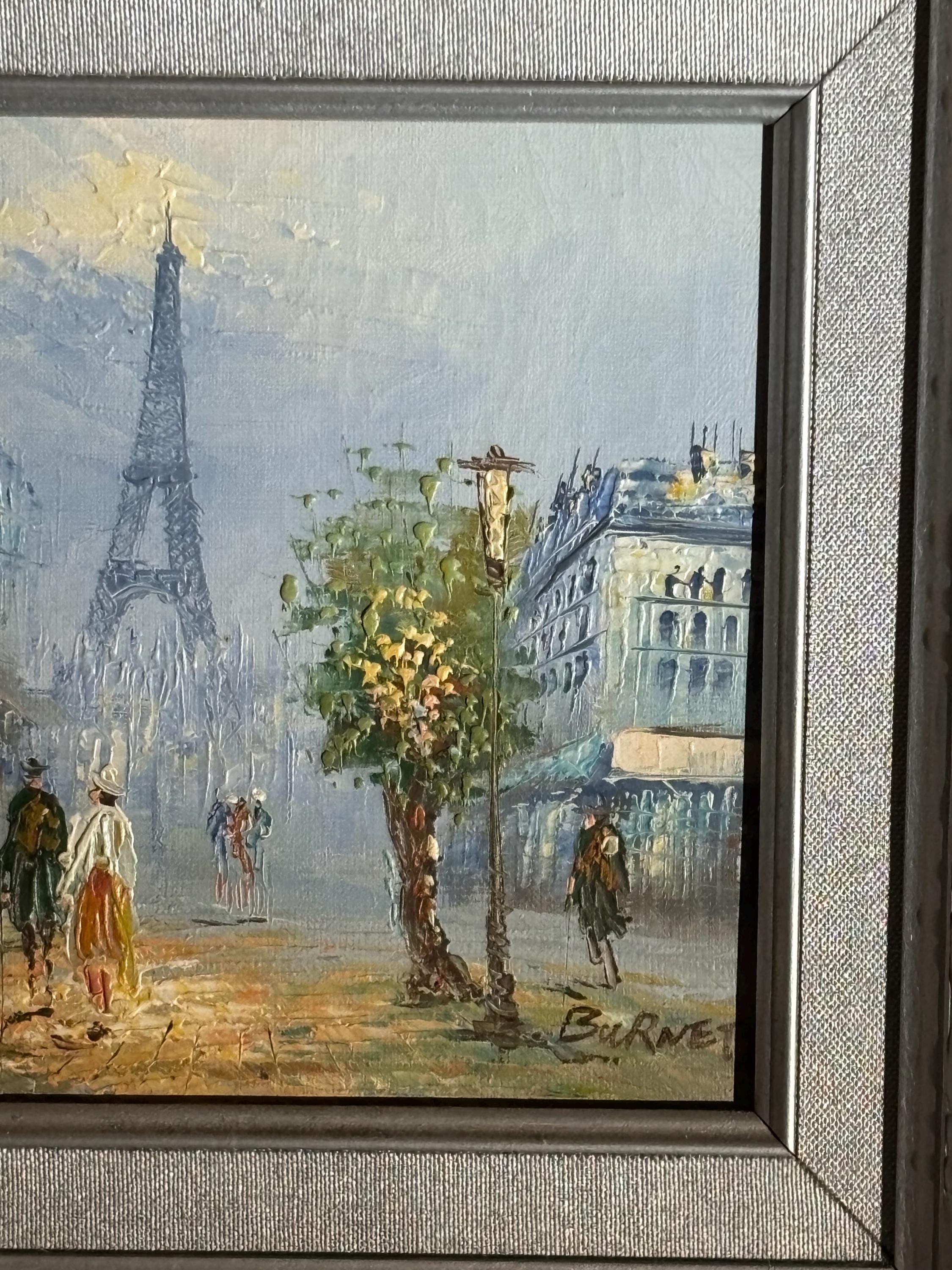 ヴィンテージ パリの街並みの油絵：エッフェル塔、華やかなシルバーの