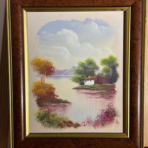 Vintage Original Oil Painting – Lakeside Cabin Scene – Signed “Tay” – Framed Landscape Art