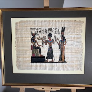 Framed Egyptian Papyrus Painting – Pharaoh & Goddess Hathor – Hand-Painted with Hieroglyphics – Gilt Frame Wall Art