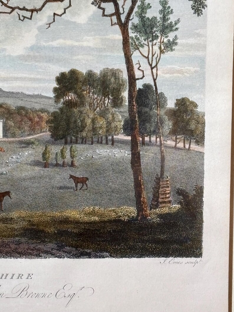 May include: A detailed, vintage landscape print featuring a pastoral scene with trees, horses, and a flock of sheep. The artwork is rendered in a detailed, engraved style with a muted color palette of greens, browns, and blues. The print is signed.