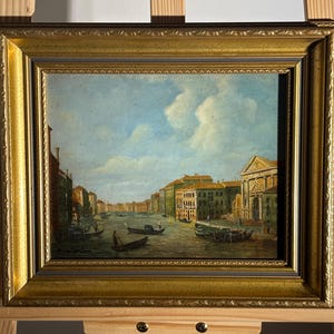 Vintage Venetiaans kanaalolieverfschilderij door R. Cipriani - vergulde lijst