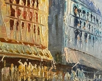 ヴィンテージ パリの街並みの油絵：エッフェル塔、華やかなシルバーの