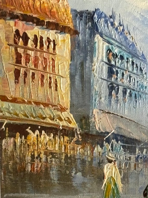 ヴィンテージ パリの街並みの油絵：エッフェル塔、華やかなシルバーの