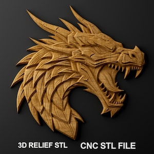Geometric Dragon Head 3D Relief – CNC Wood Carving STL – Digital Download Low Poly Fantasy Wall Art – Gaming Room Decor