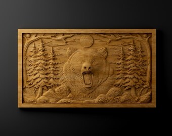 Grizzly Bear Forest 3D Relief – CNC Wood Carving STL – Digital Download Framed Wildlife Wall Art – Cabin Lodge Man Cave Decor