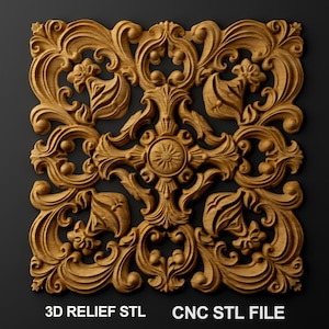 May include: A square wooden panel featuring intricate carved relief patterns with symmetrical scrolling foliage and a central floral medallion. The design includes the text 3D RELIEF STL and CNC STL FILE at the bottom of the square wooden panel.