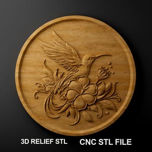 Relieve 3D floral de colibrí – Tallado en madera CNC STL – Descarga digital – Placa redonda – Arte mural de naturaleza – Regalo para ella