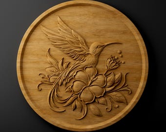 Hummingbird Floral 3D Relief – CNC Wood Carving STL – Digital Download Round Plaque – Nature Wall Art – Gift for Her