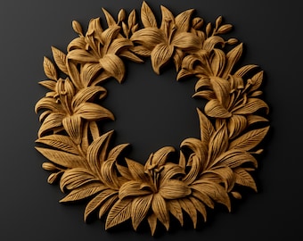 Lily Flower Wreath Relief | CNC Wood Carving | Floral Wall Decor | Digital Download