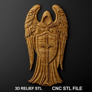 May include: A light brown wooden relief carving of a hooded angel with large feathered wings, holding a shield and a sword. The text 3D RELIEF STL CNC STL FILE is printed in white at the bottom of the image against a dark background.