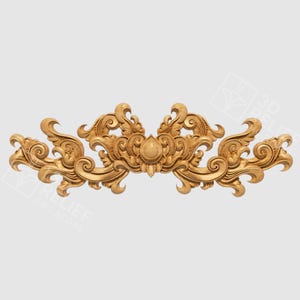 May include: A detailed, golden-colored, carved wood decorative element with a symmetrical design. The piece features swirling patterns, floral motifs, and a central, rounded shape. The text "3D RELIEF CNC STORE" is visible.