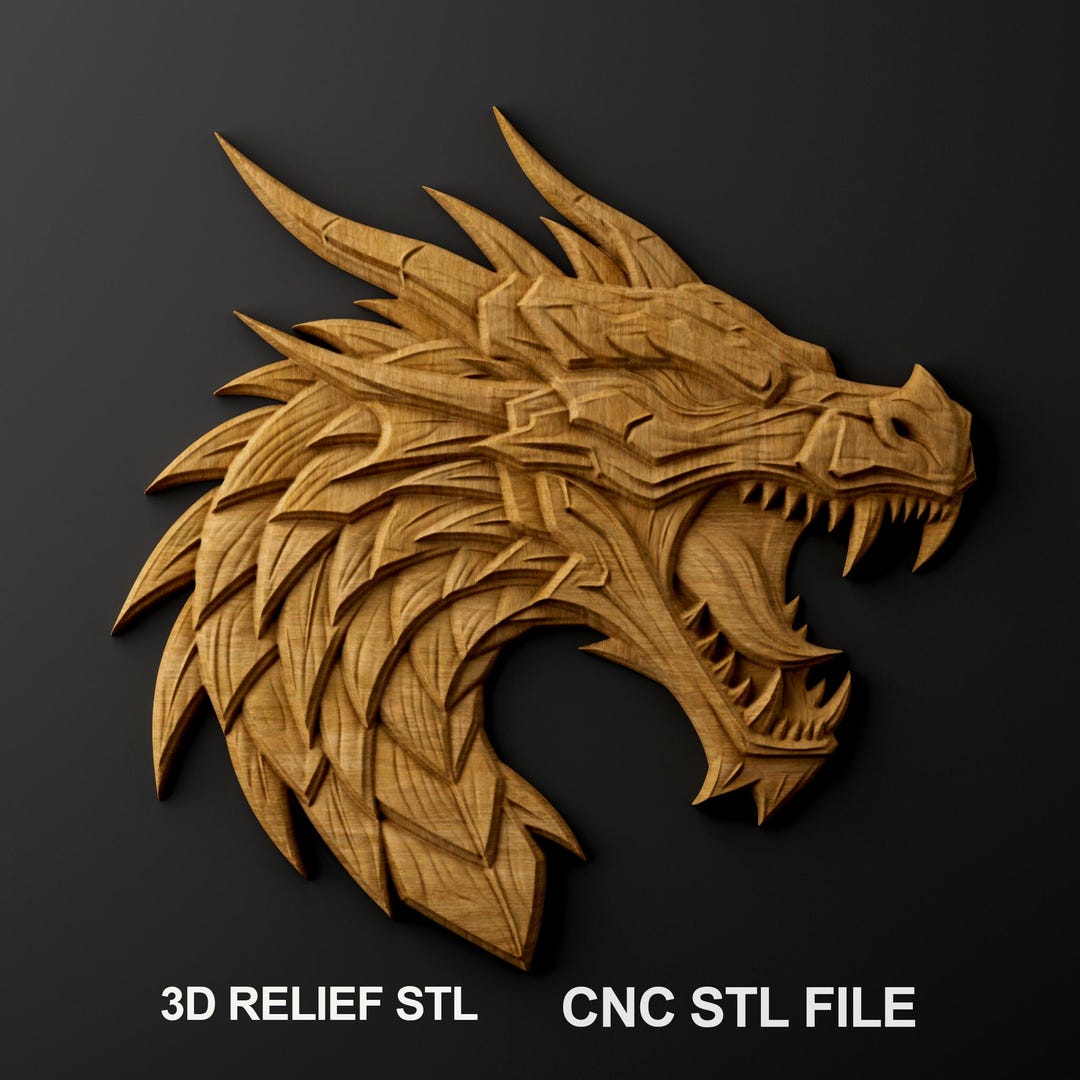 Geometric Dragon Head 3D Relief – CNC Wood Carving STL – Digital ...