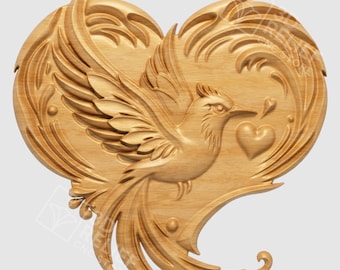 Love Bird Heart CNC STL File – Romantic 3D Wood Carving Relief Design