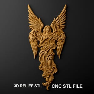 May include: A light brown wooden relief carving of an angel with large, detailed wings and flowing robes. The figure is depicted in a standing position with hands held near the chest. The text 3D RELIEF STL CNC STL FILE is visible below.