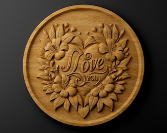 I Love You Floral Heart | Detailed 3D Relief STL for CNC Wood Carving