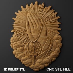 Rosario en relieve con manos en oración, modelo 3D para tallado en madera CNC (descarga digital)