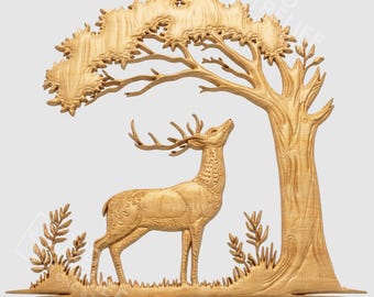 May include: A wooden relief carving of a deer standing beneath a tree. The deer has large antlers and is looking upwards. The tree has detailed leaves and branches. The carving is in a natural wood tone against a light background.