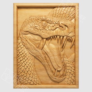 May include: A detailed wooden carving of a snake's head with its mouth open, revealing sharp teeth. The carving is set within a rectangular wooden frame. The snake's scales and facial features are intricately carved.