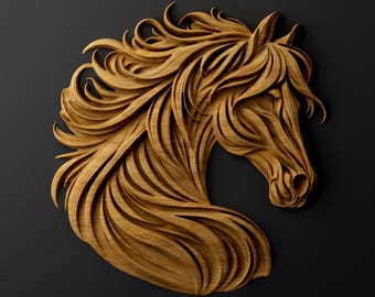 Archivo STL de relieve de cabeza de caballo / Arte mural de crin ondulante / Archivo para tallado en madera
