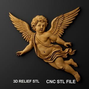 Puede incluir: Escultura en relieve de madera de un querubín con alas extendidas, tallada con detalle. El querubín se representa en una pose dinámica, con drapeado fluido y rasgos delicados. El texto "3D RELIEF STL CNC STL FILE" está en la parte inferior.