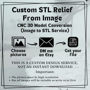 May include: An image with the text "Custom STL Relief From Image" and instructions for converting images to 3D models. The process involves choosing pictures, contacting the seller on Etsy, and receiving the STL file. The service is custom, not an instant download.