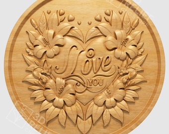 Love You Heart STL Relief – CNC Wood Carving Floral Wall Art, Romantic 3D Model