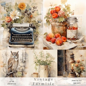 Pagine di vita contadina per album e diario di scarto, cottage, campagna, natura, animali, carta digitale stampabile floreale, botanica, paesaggio