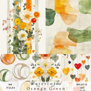Pagine di riempimento per diario spazzatura verde-arancione acquerello, pagine digitali per album di ritagli di arte murale astratta shabby chic, carta artigianale stampabile, invecchiata