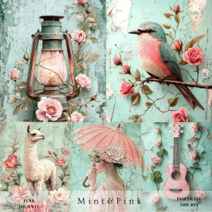 Scrapbooking vintage verde menta e rosa e diario spazzatura, atmosfera estiva latina retrò shabby chic, mucca delle Highlands, uccello, carta digitale effimera