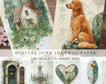Spring green rain junk journal pages, shabby chic countryside farm scrapbook digital paper, cottagecore nature, floral digital porch prints