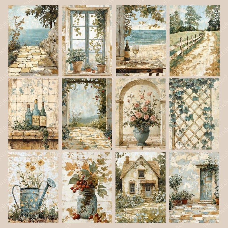 May include: A collection of twelve watercolor paintings featuring scenic landscapes. The artwork includes images of a coastal path, a window with potted plants, a table with wine, a pathway with a fence, bottles, an archway, a vase of flowers, a trellis, a watering can, a jar of berries, a house, and a door.